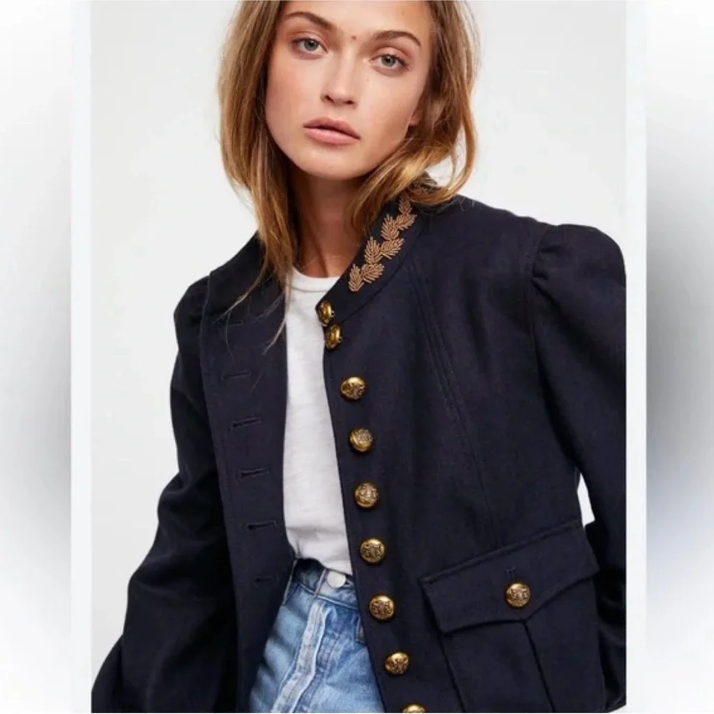 Free People Wool Regan Puff Sleeve Military Jacket Blazer Size S - Picture 1 of 14